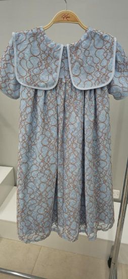 صورة فستان سماوي بفينكة كبيره على الصدر